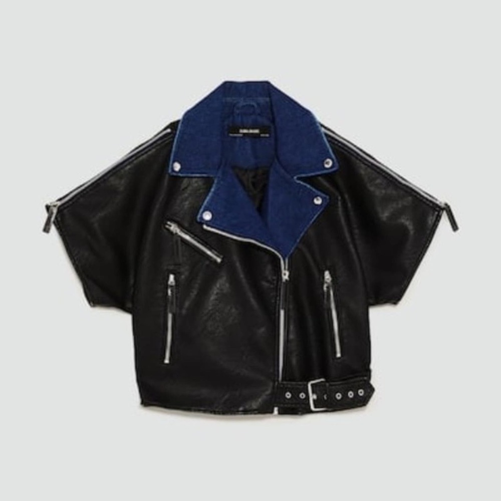🆕 Zara Contrasting Biker Faux Leather and Denim Jacket NWOT Size Large - Picture 4 of 8